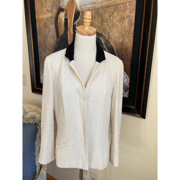 CHANEL Sequin Tweed Blazer Jacket Beige Black Size 42/10